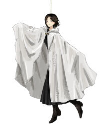 Rule 34 | 1girl, black dress, boots, brown footwear, brown hair, cape, closed mouth, dress, full body, library of ruina, looking at viewer, moirai (project moon), project moon, short hair, simple background, smile, solo, standing, standing on one leg, white background, white cape, york0pm
