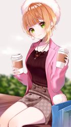 Rule 34 | 1girl, bag, blonde hair, blush, breasts, brown skirt, buttons, closed mouth, collarbone, cup, earrings, fur trim, green eyes, hat, heart, heart necklace, highres, holding, holding cup, idolmaster, idolmaster cinderella girls, jacket, jewelry, lips, long sleeves, looking at viewer, medium breasts, misumi (macaroni), miyamoto frederica, necklace, pink jacket, pom pom (clothes), pom pom earrings, short hair, sitting, skirt, smile, solo, white hat