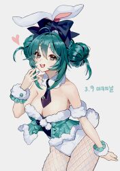 Rule 34 | 1girl, :d, absurdres, ahoge, animal ears, aqua eyes, aqua hair, bicute bunnies miku, black necktie, blue nails, blush, breasts, cleavage, cowboy shot, cropped shirt, dated, double bun, fake animal ears, fake tail, fishnet pantyhose, fishnets, fur-trimmed shirt, fur collar, fur trim, hair between eyes, hair bun, hand to own mouth, hatsune miku, heart, highleg, highleg leotard, highres, inman sasa, large breasts, leaning forward, legs together, leotard, long hair, miku day, nail polish, necktie, open mouth, pantyhose, playboy bunny, rabbit ears, rabbit tail, shirt, short hair with long locks, sidelocks, simple background, smile, solo, tail, teeth, thighs, tie clip, upper teeth only, vocaloid, white background, white leotard, white pantyhose, wrist cuffs