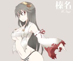 Rule 34 | 10s, 1girl, bad id, bad twitter id, bare shoulders, black hair, breasts, brown eyes, burnt clothes, character name, covered erect nipples, detached sleeves, grey background, haruna (kancolle), headgear, kantai collection, large breasts, long hair, navel, nontraditional miko, panties, sarashi, shigino sohuzi, solo, striped clothes, striped panties, torn clothes, twitter username, underwear