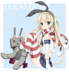Rule 34 | 10s, 1girl, bare shoulders, boots, character name, elbow gloves, from side, gloves, green eyes, hairband, kantai collection, long hair, looking at viewer, looking to the side, maccha, platinum blonde hair, pom pom (clothes), rensouhou-chan, scarf, shimakaze (kancolle), shirt, sitting, skirt, sleeveless, sleeveless shirt, smile, solo, striped clothes, striped scarf, striped thighhighs, thighhighs