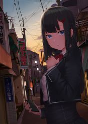 Rule 34 | 1girl, absurdres, blue eyes, cellphone, desire/disaster, evening, from side, hair ornament, hairclip, highres, huge filesize, lamppost, looking at viewer, medium hair, official art, outdoors, phone, power lines, school uniform, shopping district, sign, solo, standing, twilight, uniform, upper body