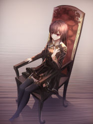 Rule 34 | 1girl, absurdres, bad id, bad pixiv id, black thighhighs, brown hair, chair, cup6542, from above, hair between eyes, highres, looking at viewer, original, red eyes, simple background, sitting, solo, thighhighs