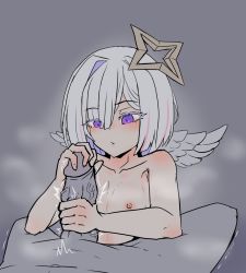 Rule 34 | 1boy, 1girl, amane kanata, angel, angel wings, flat chest, halo, handjob, highres, hololive, moral cacoethes, nipples, nude, penis, penis squeeze, purple eyes, short hair, star halo, virtual youtuber, white hair, wings