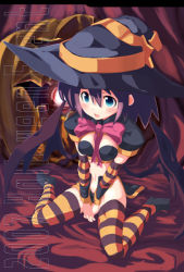 Rule 34 | 1girl, bikini, black bikini, blue eyes, bow, bowtie, breasts, cleavage, full body, halloween, halloween costume, hat, looking at viewer, medium breasts, navel, ooyama kina, original, pink bow, pink bowtie, red hair, short hair, sitting, solo, stomach, swimsuit, thighhighs, wariza, witch hat