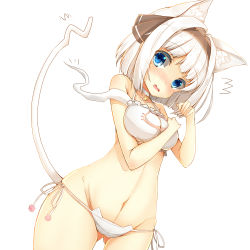 Rule 34 | 1girl, ^^^, alternate costume, animal ears, bell, black ribbon, blunt bangs, blush, bob cut, breast padding, breasts, cat cutout, cat ear panties, cat ears, cat lingerie, cat tail, choker, cleavage cutout, clothing cutout, collarbone, covering privates, covering breasts, cowboy shot, dutch angle, eyebrows, frills, from below, groin, hair ribbon, hairband, halterneck, hand on breast, hand on own chest, highres, hitodama, if (asita), jingle bell, kemonomimi mode, konpaku youmu, konpaku youmu (ghost), legs apart, looking at viewer, medium breasts, meme attire, navel, neck bell, open mouth, panties, pom pom (clothes), ribbon, short hair, side-tie panties, simple background, solo, stomach, tail, tatapopo, touhou, underwear, underwear only, white background, white hair, white panties