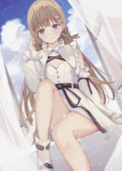 Rule 34 | 1girl, black ribbon, black sash, blue eyes, blue footwear, blue sky, blunt bangs, blush, brown hair, capelet, cattleya regina games, chest harness, cloud, curtains, detached sleeves, dress, dutch angle, frilled capelet, frills, hair ornament, hairclip, hanabusa lisa, hand in own hair, harness, highres, horo 27, indoors, legs together, long hair, looking at viewer, loose socks, open window, ribbon, sash, sitting, sky, smile, socks, solo, virtual youtuber, vspo!, white capelet, white dress, white socks, window, windowsill