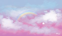 Rule 34 | ayu (mog), blue sky, cloud, cloudy sky, day, ghost, gradient sky, no humans, original, outdoors, pink sky, rainbow, scenery, signature, sky