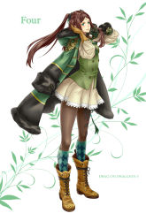 Rule 34 | 1girl, absurdres, asymmetric gloves, asymmetrical gloves, asymmetrical legwear, bad id, bad pixiv id, boots, brown hair, character name, copyright name, cross-laced footwear, drag-on dragoon, drag-on dragoon 3, facial mark, forehead mark, four (drag-on dragoon), fur trim, gauntlets, gloves, green eyes, highres, jacket, jacket on shoulders, long hair, pantyhose, pleated skirt, skirt, smile, socks over pantyhose, solo, twintails, uneven gloves, uneven legwear, yumeoti