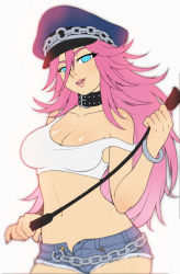 Rule 34 | 1girl, bangle, blue eyes, blue shorts, bracelet, breasts, chain, cleavage, collar, cuffs, denim, denim shorts, final fight, hat, jewelry, lips, lipstick, long hair, makeup, nail polish, necklace, off shoulder, peaked cap, pink hair, pink nails, poison (final fight), riding crop, short shorts, shorts, simple background, solo, strap slip, studded collar, tank top, whip, unfinished, wrist cuffs