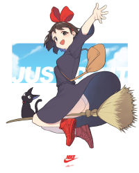 Rule 34 | 1girl, :d, air jordan 1, animal, arm up, ass, bag, black cat, black dress, blue sky, blush, breasts, broom, broom riding, brown eyes, brown hair, cat, cloba, day, dress, english text, from behind, full body, hair ribbon, highres, jiji (majo no takkyuubin), kiki (majo no takkyuubin), looking at viewer, looking back, majo no takkyuubin, nike (company), no legwear, open mouth, outstretched arm, panties, pantyshot, red footwear, red ribbon, ribbon, shoes, short hair, short sleeves, shoulder bag, signature, simple background, sitting, sky, small breasts, smile, underwear, upskirt, waving, wedgie, white background