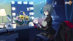 Rule 34 | 1girl, basket, black bodysuit, black gloves, black jacket, bodysuit, chair, cosmetics, doll, drawing (object), flower, gloves, grey hair, hair between eyes, highres, holding, holding doll, honkai (series), honkai impact 3rd, indoors, jacket, lamp, lights, lipstick tube, long sleeves, mirror, mole, mole under mouth, official art, parted lips, pink eyes, raven (honkai impact), short hair, sitting, solo, sunflower, sweat, table