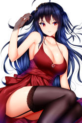 Rule 34 | 1girl, ahoge, arm support, armpits, ass, azur lane, bare shoulders, black hair, black thighhighs, blush, breasts, brooch, choker, cleavage, collarbone, dress, feet out of frame, floating hair, garter straps, gem, hair between eyes, hair ornament, hand up, highres, hip focus, jewelry, lace, lace-trimmed legwear, lace trim, large breasts, legs together, long hair, looking to the side, official alternate costume, parted lips, red dress, red eyes, red gemstone, sidelocks, simple background, sitting, smile, solo, taihou (azur lane), taihou (forbidden feast) (azur lane), thighhighs, thighs, two side up, very long hair, white background, wsman