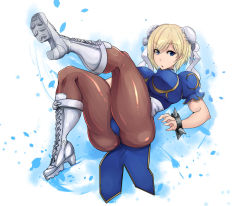 Rule 34 | 1girl, ass, blonde hair, blue dress, blue eyes, boots, bracelet, breasts, brown pantyhose, bun cover, capcom, china dress, chinese clothes, chun-li, chun-li (cosplay), cosplay, cross-laced footwear, djeeta (granblue fantasy), double bun, dress, female focus, full body, granblue fantasy, hair bun, jewelry, koucha indian, lace-up boots, large breasts, pantyhose, pelvic curtain, puffy short sleeves, puffy sleeves, sash, short hair, short sleeves, solo, spiked bracelet, spikes, street fighter, thick thighs, thighs, white footwear