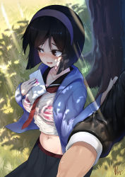 Rule 34 | 1girl, black hair, blush, bra, breasts, brown eyes, commentary, commission, d-cao, dappled sunlight, day, groin, hairband, highres, kusanagi kyou, letter, medium breasts, navel, open mouth, outdoors, school uniform, see-through, shirt, short hair, sitting, skirt, solo, solo focus, sunlight, the king of fighters, underwear, wet, wet clothes, wet shirt