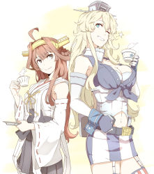 Rule 34 | 10s, 2girls, ;d, ahoge, asymmetrical legwear, blue eyes, breasts, brown hair, cleavage, cup, detached sleeves, double bun, garter straps, grey eyes, grin, hair bun, hairband, headgear, holding, iowa (kancolle), kantai collection, kongou (kancolle), light brown hair, long hair, looking at another, mismatched legwear, multiple girls, navel, ninimo nimo, nontraditional miko, one eye closed, open mouth, pleated skirt, simple background, skirt, smile, star (symbol), steam, sweat, teacup, white background