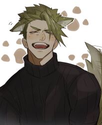 Rule 34 | 1boy, achilles (fate), animal ear fluff, animal ears, black sweater, blush, closed eyes, extra ears, facing viewer, fate/apocrypha, fate (series), happy, haruakira, highres, kemonomimi mode, male focus, open mouth, paw print, solo, sweater, tail, tail wagging, teeth, undercut, upper body, white background