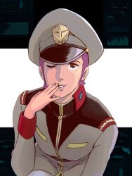 Rule 34 | 1girl, breasts, brown eyes, brown headwear, brown jacket, commentary request, earth federation, fingernails, gundam, hand to own mouth, hat, highres, jacket, long sleeves, looking at viewer, matilda ajan, medium breasts, military hat, military jacket, mobile suit gundam, moroboshi danshaku, one eye closed, pantyhose, parted lips, peaked cap, purple hair, short hair, smile, solo, squatting, teeth, upper body, white pantyhose