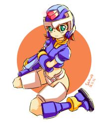 Rule 34 | 1girl, aile (mega man zx), breasts, brown hair, commentary request, gloves, green eyes, helmet, mega man (series), mega man zx, model x (mega man), short hair, solo