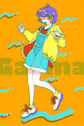 Rule 34 | 1boy, :o, blue overalls, character name, chromatic aberration, full body, garma zabi, gundam, hands up, highres, jacket, long sleeves, looking at viewer, male focus, mobile suit gundam, open clothes, open jacket, open mouth, orange background, overalls, partially opaque sunglasses, purple nails, red shirt, screentones, shiikura, shirt, shoes, short hair, simple background, sneakers, solo, standing, standing on one leg, sunglasses, tinted eyewear, two-sided fabric, two-sided jacket, white footwear, yellow-tinted eyewear, yellow jacket