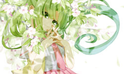 Rule 34 | 1girl, branch, breasts, closed mouth, commentary request, eyes visible through hair, floating hair, flower, flower request, green eyes, green hair, hands up, highres, higurashi no naku koro ni, interlocked fingers, long hair, looking at viewer, medium breasts, momotarekawa, necktie, open clothes, open vest, pink skirt, pleated skirt, red necktie, short sleeves, skirt, smile, solo, sonozaki mion, upper body, very long hair, vest, white background, yellow vest