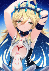 Rule 34 | 1girl, ahoge, armpits, arms up, bad id, bad pixiv id, blonde hair, blue dress, breasts, colored inner hair, commentary request, commission, crown, dress, green eyes, hair between eyes, half-closed eyes, highres, koyubita, long hair, looking at viewer, midriff, multicolored hair, navel, original, pixiv commission, signature, small breasts, solo, underboob, vivi (ac8231)