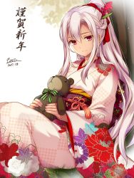 Rule 34 | 1girl, 2017, alternate costume, alternate hairstyle, closed mouth, dated, floral print, flower, flower knight girl, furisode, hair between eyes, hair flower, hair ornament, hair ribbon, highres, japanese clothes, kimono, long hair, long sleeves, looking at viewer, monety, new year, obi, outdoors, pink eyes, ponytail, red ginger (flower knight girl), red ribbon, ribbon, sash, sidelocks, signature, silver hair, sitting, smile, solo, stuffed animal, stuffed toy, teddy bear, translated, tree, under tree, wide sleeves