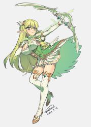 Rule 34 | 1girl, 2023, :3, airseal, arrow (projectile), blush, boots, bow (weapon), breasts, cleavage, closed mouth, corset, dated, dress, elf, elsword, energy arrow, full body, grand archer (elsword), green dress, green eyes, green hair, grey background, hair between eyes, hair ornament, high heel boots, high heels, highres, holding, holding arrow, holding bow (weapon), holding weapon, large breasts, long hair, looking away, pointy ears, rena erindel, signature, simple background, solo, thigh boots, two-tone dress, very long hair, weapon, white dress