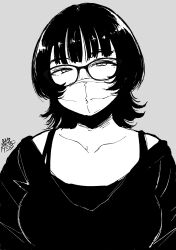 Rule 34 | 1girl, absurdres, dated, glasses, greyscale, hadashi no kenji, highres, looking at viewer, mask, medium hair, monochrome, mouth mask, original, shirt, simple background, solo, upper body