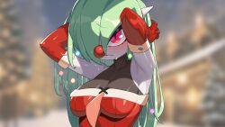 Rule 34 | 1girl, absurdres, armpits, arms up, blush, breasts, cleavage, creatures (company), drunkoak, elbow gloves, game freak, gardevoir, gen 3 pokemon, gloves, green hair, hair ornament, hair over one eye, highres, long hair, looking at viewer, medium breasts, mega pokemon, nintendo, pokemon, pokemon (creature), red eyes, red gloves, red nose, santa costume, see-through, see-through cleavage, skin tight, solo, sweatdrop