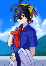 Rule 34 | 1boy, adjusting clothes, adjusting necktie, black hair, blue shirt, blurry, blurry background, blush, cloud, collared shirt, colored inner hair, commentary request, creatures (company), crossed bangs, day, game freak, gloves, hair between eyes, hairband, hand up, highres, hot, jacket, kieran (pokemon), male focus, mole, mole on neck, multicolored hair, necktie, nintendo, outdoors, parted lips, pokemon, pokemon sv, red gloves, red necktie, shirt, single glove, sky, solo, suy (meuuiu), sweat, unworn jacket, yellow eyes, yellow hairband