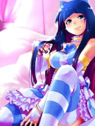 Rule 34 | 10s, 1girl, adjusting hair, blue hair, blunt bangs, bracelet, bridal gauntlets, choker, colored inner hair, dress, frilled dress, frills, heart, jewelry, long hair, multicolored hair, nail polish, panty &amp; stocking with garterbelt, pillow, pink background, short dress, sitting, smile, stocking (psg), striped clothes, striped thighhighs, sunlight, thighhighs, two-tone hair, uraion