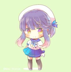 Rule 34 | 1girl, beret, blue neckerchief, blue sailor collar, blue skirt, blush, brown eyes, brown thighhighs, chibi, closed mouth, commentary request, full body, green background, grey footwear, hat, head tilt, kantai collection, kou hiyoyo, long hair, neckerchief, one side up, pleated skirt, puffy short sleeves, puffy sleeves, purple hair, sailor collar, school uniform, serafuku, shirt, short sleeves, sidelocks, skirt, smile, solo, standing, thighhighs, tsushima (kancolle), twitter username, white hat, white shirt