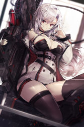Rule 34 | 1girl, bare shoulders, belt, breasts, brown thighhighs, buttons, cleavage, closed mouth, commentary, double-breasted, dress, earrings, goomrrat, halterneck, hand up, highres, holding, huge weapon, jacket, jewelry, large breasts, long hair, long sleeves, looking at viewer, off shoulder, open clothes, open jacket, original, red eyes, sidelocks, silver hair, smile, solo, thighhighs, thighs, weapon, white dress, white jacket