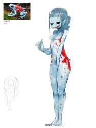 Rule 34 | 1girl, black sclera, blue hair, blue skin, breasts, colored sclera, colored skin, female focus, frog girl, long tongue, monster girl, multicolored skin, my700, nude, original, personification, pointy ears, red skin, reference photo, solo, standing, tail, tongue, tongue out