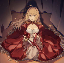 1girl, alternate hair length, alternate hairstyle, bangs, blonde hair, breasts, cleavage, crying, crying with eyes open, dagger, dot818, dress, fate/extra, fate (series), floating hair, green eyes, hair between eyes, hair intakes, highres, holding, holding dagger, holding weapon, kneeling, layered dress, long dress, long hair, long sleeves, medium breasts, nero claudius (fate), nero claudius (fate) (all), open mouth, red dress, solo, tears, very long hair, weapon