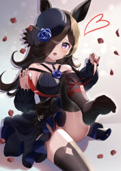 Rule 34 | 1girl, animal ears, black thighhighs, blue dress, blue flower, blue headwear, blue rose, blush, breasts, brown hair, collarbone, commentary, dress, falling petals, feet, flower, foot out of frame, hair flower, hair ornament, hair over one eye, hands up, hat, hat flower, heart, highres, holding, horse ears, horse girl, knee up, long hair, looking at viewer, medium breasts, no shoes, open mouth, parted bangs, petals, purple eyes, red ribbon, ribbon, rice shower (umamusume), rose, shadow, shiny skin, sidelocks, sitting, soles, thighhighs, thighs, tilted headwear, toes, tying, umamusume, wanderlucia