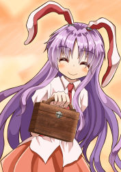 Rule 34 | 1girl, animal ears, arm behind back, arm up, blush, box, closed eyes, commentary request, dutch angle, facing viewer, gradient background, highres, holding, holding box, light purple hair, long hair, necktie, orange background, parted bangs, pleated skirt, puffy short sleeves, puffy sleeves, rabbit ears, red necktie, red skirt, reisen udongein inaba, shirt, short sleeves, skirt, smile, solo, standing, sugiyama ichirou, touhou, untucked shirt, upper body, very long hair, white shirt