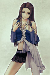 Rule 34 | 00s, 1girl, bare shoulders, belt, black skirt, blue shirt, blush, breasts, brown eyes, brown hair, cleavage, collarbone, crop top, detached sleeves, final fantasy, final fantasy x, final fantasy x-2, frills, hands on own chest, lenne (ff10), long hair, looking at viewer, miniskirt, shirt, skirt, solo, standing