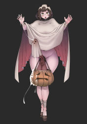 Rule 34 | 1girl, absurdres, bandaged arm, bandaged leg, bandages, black background, black nails, brown footwear, brown hair, cum, cum on hands, cum on object, cum string, erection, full body, futanari, ghost costume, glasses, halloween, halloween bucket, highres, hood, hood up, looking at viewer, mistimagi, mistimagi (character), nail polish, open mouth, original, penis, pumpkin, shoes, simple background, solo, standing, teeth, testicles, upper teeth only, yellow eyes