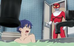 Rule 34 | 2boys, asanaka yomogi, bath, bathing, bathroom, bathtub, blue hair, blurry, blurry foreground, commentary request, crossover, door, faucet, gridman universe, male focus, multiple boys, open mouth, opening door, parody, partially submerged, redman, redman (character), short hair, ssss.dynazenon, tk8d32, tokusatsu, water, yellow eyes