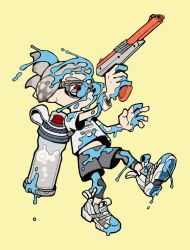 Rule 34 | 1boy, asymmetrical hair, bracelet, finger on trigger, frown, glasses, gun, hair up, hello kitty, inkling, inkling boy, inkling player character, jewelry, leggings, looking to the side, male focus, nes zapper, nintendo, open hand, over-rim eyewear, paint splatter, red eyes, sanrio, semi-rimless eyewear, shirimoto, shirt, shoes, shorts, simple background, sneakers, solo, splatoon (series), standing, standing on one leg, t-shirt, weapon, white hair, yellow background