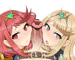 Rule 34 | 1boy, 2girls, @ @, armor, belt, blonde hair, breasts, censored, closed mouth, cooperative fellatio, diadem, earrings, facejob, fellatio, gatyo 5, girl sandwich, heart, heart-shaped pupils, hetero, jewelry, long hair, looking at viewer, multiple girls, mythra (xenoblade), nintendo, open mouth, oral, penis, penis on face, pointless censoring, pov, pyra (xenoblade), red eyes, red hair, rex (xenoblade), sandwiched, short hair, sidelocks, simple background, swept bangs, symbol-shaped pupils, tiara, torogao, unusual pupils, white background, xenoblade chronicles (series), xenoblade chronicles 2, yellow eyes