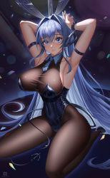 Rule 34 | 1girl, :3, absurdly long hair, absurdres, anchor ornament, animal ears, arm strap, armpits, arms up, artist logo, artist name, azur lane, bare shoulders, black footwear, black leotard, blue eyes, blue hair, blue necktie, blush, bodystocking, breasts, cleavage, closed mouth, collarbone, commentary, covered navel, detached collar, fake animal ears, full body, hair between eyes, hair intakes, headgear, high heels, highres, large breasts, leotard, long hair, looking at viewer, necktie, new jersey (azur lane), new jersey (exhilarating steps!) (azur lane), nightclub, official alternate costume, playboy bunny, pole, rabbit ears, see-through, see-through cleavage, short necktie, sidelocks, sitting, smile, solo, strapless, strapless leotard, stripper pole, taut clothes, theblu3jay, very long hair, wariza, wrist cuffs