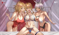 Rule 34 | 3girls, absurdres, arm behind back, artoria pendragon (fate), artoria pendragon (lancer) (fate), bikini, black one-piece swimsuit, blonde hair, blue eyes, blue one-piece swimsuit, blush, braid, breasts, caenis (fate), commission, competition swimsuit, fate (series), highres, large breasts, misa pika, mordred (fate), mordred (fate/apocrypha), multiple girls, one-piece swimsuit, open mouth, pixiv commission, recording, red one-piece swimsuit, shiny skin, swimsuit, thighs, v, white hair, white one-piece swimsuit