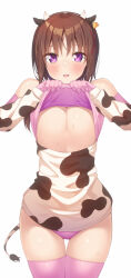 Rule 34 | 1girl, animal print, bare shoulders, blush, breasts, brown hair, clothes lift, cow horns, cow print, cow tail, detached sleeves, gloves, hagino chiaki, highres, hinako note, horns, kazuma (kazumav), large breasts, lifted by self, looking at viewer, panties, pink eyes, pink gloves, pink panties, pink thighhighs, simple background, smile, solo, tail, thighhighs, underwear, white background