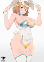 Rule 34 | 1girl, absurdres, animal ears, blue eyes, blush, breast tattoo, breasts, brown hair, cleavage, eunie (xenoblade), head wings, highres, kaos art, large breasts, leotard, long hair, looking at viewer, medium hair, playboy bunny, rabbit ears, solo, tattoo, thighhighs, white wings, wings, xenoblade chronicles (series), xenoblade chronicles 3