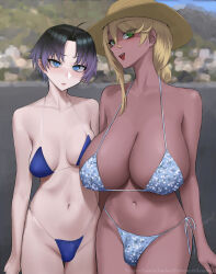 2futa bikini black_hair blonde_hair blue_eyes blush breasts bulge dark_skin flaccid futanari green_eyes gyaru hat huge_breasts ikemeru19 long_hair looking_at_viewer multicolored_hair multiple_futa penis_size_difference purple_hair short_hair small_penis standing swimsuit tagme two-tone_hair v-string wide_hips