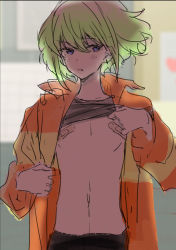 Rule 34 | 1boy, absurdres, androgynous, bandaid, bandaids on nipples, black shirt, clothes lift, firefighter jacket, green hair, highres, jacket, lio fotia, looking at viewer, male focus, multicolored clothes, multicolored jacket, navel, pasties, promare, purple eyes, rice (rice8p), shirt, shirt lift, short hair, sidelocks, sketch, trap, two-tone jacket