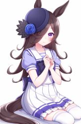 Rule 34 | 1girl, animal ears, blue flower, blue hat, blue rose, bow, bowtie, brown hair, flower, frilled skirt, frills, hair over one eye, hat, hat flower, horse ears, horse girl, horse tail, horseshoe ornament, long hair, looking at viewer, pleated skirt, puffy short sleeves, puffy sleeves, purple bow, purple bowtie, purple eyes, purple shirt, rice shower (umamusume), rose, sailor collar, sailor shirt, sanotsuki, school uniform, seiza, shirt, short sleeves, simple background, sitting, skirt, smile, solo, tail, thighhighs, tilted headwear, tracen school uniform, umamusume, white background, white skirt, white thighhighs